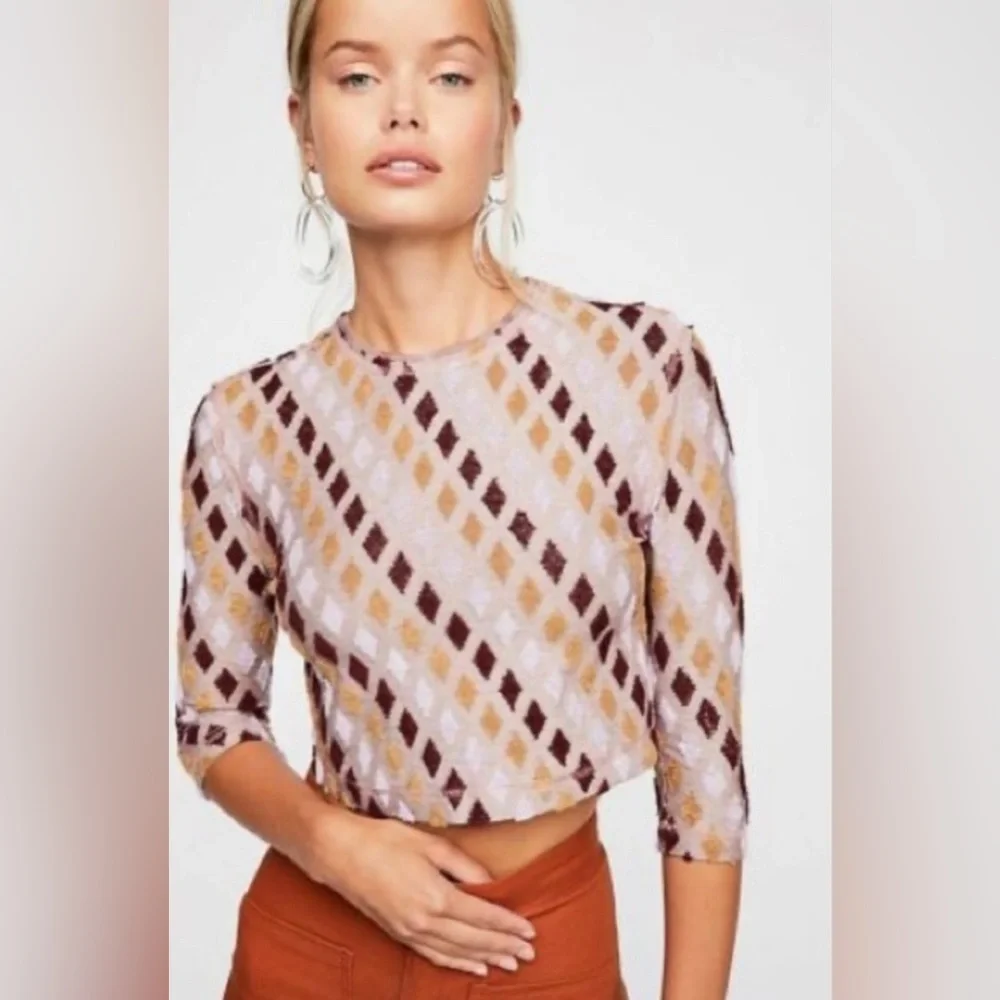 free people crop top magic carpet blouse lavender burgundy diamond terry small